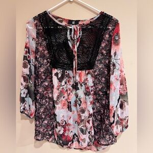 iZ Byer Boho Romanic Floral Semi Sheer Blouse with V-neck and Lace Detail Size L